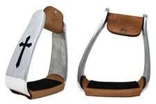 ProRider Western Horse Barrel Roper Saddle Stirrups Angled Sloped Aluminum BLK CROSS 5173