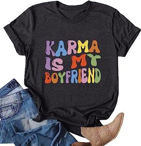 Women Karma is My Boyfriend Shirts Swift Fans Tops Country Concert Music Lover T-Shirt Casual Letter Print Graphic Tee, Dark Grey, X-Large