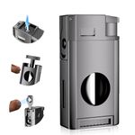 All-in-one Cigar Lighter with V Cigar Cutter, Built-in Cigar Punch, Windproof Dual Jet Flames, Refillable Butane Torch Lighter for Candles, Outdoors, Cool Cigar Accessories with Gift Box for Men