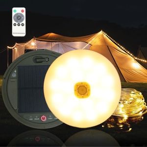 Solar Camping String Lights, 39Ft 120LED Stowable String Lights with 8 Lighting Modes, USB Rechargeable, IP64 Waterproof Solar String Lights for Outdoor, Indoor, Home, RV, Garden, Patio, Warm White