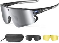 Odoland Polarized Magnetic Sports Sunglasses, Black Frame Plated Silver Lense, Replaceable Grey Lense and Night Vision Lense for Men Women Adult for Riding Driving Fishing