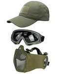 Hodeacc 3 Pcs Tactical Airsoft Mask Goggles Baseball Cap Set,Adjustable Half Face Mesh Mask with Ear Protection,Airsoft Glasses Eye Protection Outdoor Hat for Outdoor Airsoft/BB/CS Game