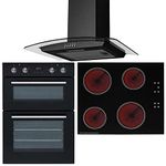 SIA DO102 60cm Black Built In Double Electric True Fan Oven & CERH60BL 4 Zone Touch Control Electric Ceramic Hob & CGH60BL Curved Glass Cooker Hood