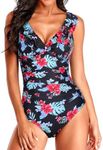 Holipick Women One Piece Swimsuits Tummy Control Bathing Suit Ruffle V Neck Swimwear Slimming, Black and Red Floral, Small