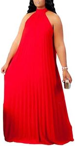 Aro Lora Womens Casual Sleeveless Plus Size Chiffon Halter Neck Pleated Loose Long Maxi Dress, Red, 3X-Large