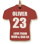 The Plum Penguin Customisable Football Shirt-Shaped Gift Tag Personalised MDF Dad Grandad Keepsake Name and Number Team Colours Footy Fan (Red)