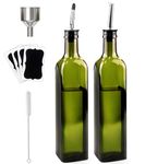Glass Olive Oil Dispenser Bottle-2 Pcs Green Olive Oil Dispenser and Vinegar Dispenser Set with 2 Stainless Steel Pourers,4 Labels,Brush and Funnel-Olive Oil Carafe Decanter for Kitchen (500ml)