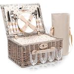 Woodluv Luxury 4 Person Wicker Chiller Picnic Hamper Basket Easy Carry Handle With Cooler Compartment & Removable Bottle Cooler