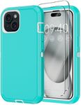 Annymall for iPhone 15 Case with 2 Screen Protector,Shockproof Drop Protection Full Body Heavy Duty 3-Layer Military Rugged Durable Phone Cover for Apple iPhone 15 6.1" (Cyan)