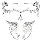 Women Elf Princess Crystal Bridal Tiara and Elf Ear Cuff Set Halloween Cosplay Leaf Crown Elven Cuff Wrap Earrings Clip on Pearl Earrings Rhinestone Wedding Head Band Beaded Forehead Headpiece