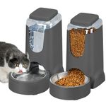 2 Pack Automatic Cat Feeder and Stainless Steel Water Dispenser, Dog Waterer Set Food Feeder and Waterer Set for Small Medium Kitten Puppy Pets(1 Gallon x 2, Charcoal Gray)