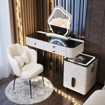 Vanity Desk Set with 3-Color Lighted Mirror, Makeup Vanity Table with Wireless Charging Station and Bluetooth Speaker, 5 Drawers, Movable Bedside Table, Dressing Table with Chair for Women Girls