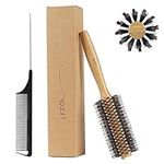 Vista Boar Bristle Round Brush with Bamboo Handle, Styling Hair Brush for Blow Drying, Detangling Hair Brush with Tail Comb for Women Men and Kids