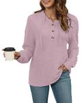 AUSELILY Womens Drawstring Henley Hoodie Textured Long Sleeve Button Pullover Pink XL