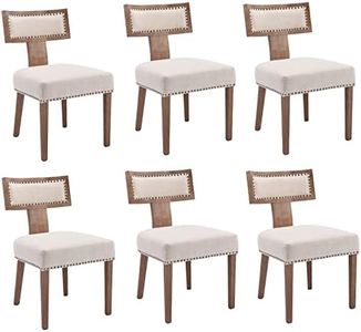 HNY Mid Century Modern Dining Chairs Set of 6, Farmhouse Linen Fabric Upholstered Accent Chairs Curved Nailhead Trim Backrest Kitchen Chairs, with Hardwood Frame, Beige