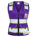 Dib Safety Vest for Women with Pockets, Mesh Reflective Vest High Visibility, ANSI Class 2 Made with 3M Reflective Tape, Purple L