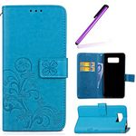 HMTECH Galaxy S6 Case Lucky Clover Flower Floral Embossing PU Leather Wallet Flip Cover Bookstyle Magnetic Closure with Card Slots Stand Function Cover for Samsung Galaxy S6,Clover:Blue