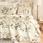 DaDalogy Enchanted Meadow Quilt Set - Victoria Garden Delicate Floral Symphony in Beige, Rose, and Soft Green, Luxuriously Soft Quilted Bedspread Set (Queen Size)