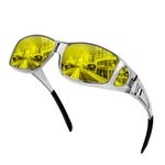 KANASTAL Grey Night Driving Glasses Mens Headlight Anti Glare Night Driving Glasses Womens Rectangular Curved Fit Over Night Driving - Grey Yellow Lens