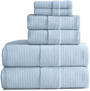 Aire & Raine 100% Cotton Waffle Towel Set 6 Piece Set | Lightweight Waffle Towels for Bathroom Reversible to Soft Classic Terry | 2 Waffle Bath Towels, 2 Hand Towels and 2 Washcloths | Harbor Blue