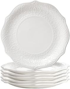 SOUJOY Set of 6 Porcelain Dinner Plate, 10.5'' White Dinner Dish, Embossed Printing Dinnerware Plate for Dinner, Restaurant, Family Party and Kitchen, Microwave, Dishwasher Safe