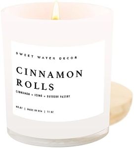 Sweet Water Decor Cinnamon Roll Candle - Cinnamon, Icing, Buttery Pastry Cinnamon Scented Candles for Fall - 11oz White Jar and Wood Lid, 50+ Hour Burn Time, Made in the USA