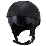 Woljay Leather Motorcycle Goggles Vintage Half Helmets Motorcycle Biker Cruiser Scooter Touring Helmet (Black with Drop Down Sun Lens)