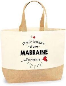 Sac Marraine d'Amour | Cabas de Plage Courses Coton et Toile de Jute Idée Cadeau Femme