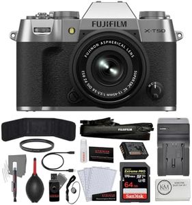 FUJIFILM X-T50 Mirrorless Camera w/XC 15-45mm f/3.5-5.6 OIS PZ Lens | Silver Bundled with 64GB Memory Card + Battery Charger + UV Filter + Photo Starter Kit + Cleaning Cloth (6 Items)
