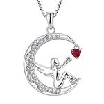 FJ Guardian Angel Pendant Necklace 925 Sterling Silver Moon Necklace July Birthstone Ruby Necklace Jewellery Gifts for Women Girls