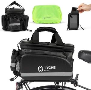 TYCHE Bike Trunk Bag 35L with Panniers and Phone Holder | Hard Shell Waterproof Carbon Leather 3-in-1 Bag | Expandable Cargo Storage & Cooler Interior | Fits Rear Rack for Ebike, Adult Bicycle