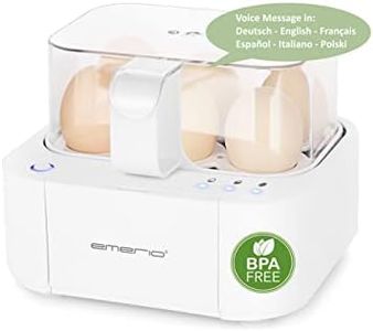 EMERIO Excellent unique egg cooker cooks all three cooking levels [soft|medium|hard] in just one cooking process with perfect result and multilingual voice output in DE EN FR ES IT PL