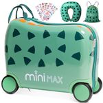 MiniMax 45x36x20cm 29L Kids Ride-On Suitcase 4PCS Set Inc Drawstring Bag, Neck Pillow & 50+ Personalisation Stickers, Easyjet Max Size Childrens Rolling Hand Cabin Luggage 45x36x20 Green Dinosaur