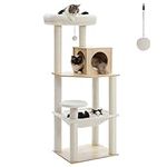 PETEPELA Tall Cat Tree [56.3''=143CM] for Large Cats, Wood Modern Cat Tower with Sisal Covered Scratching Posts, Cozy Condo and Super Large Hammock for Indoor Cats, Beige