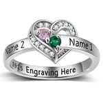 Personalized Heart Mothers Rings Sterling Silver Promise Ring for Her with 1-8 Birthstones Rings Custom Name Rings Gifts for Mom Wife Grandma Nana Birthday Anniversary (2 birthstones+2 names)