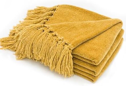 RECYCO Manta de Chenilla con Borla 127 X 152cm, Mantón de Cama, Manta con Flecos Suave y Acogedora, para Sofá, Silla, Cama, Colcha Mullida con Oeko-Tex, Color Amarillo