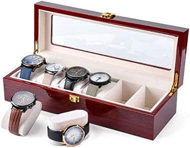 Karamanda 6 Wide Slots Wooden Paint Watch Box, Cherry-red Watch Storage Organizer with Glass Top and Locking Clasp for Women Men's Christmas Gift