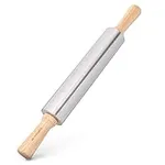 Navaris Stainless Steel Rolling Pin - 17" Non Stick Metal Roller with Wood Handles for Baking, Cooking, Cookies, Biscuits, Pizzas, Dough, Pastry