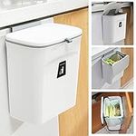 Mujingxin 2.4 Gallon Kitchen Compost Bin for Counter Top or Under Sink, Hanging Small Trash Can with Lid for Cupboard/Bathroom/Bedroom/Office/Camping, Mountable Indoor Compost Bucket, White