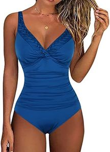 Hilor Women's One Piece Swimsuits Pin Tucked Surplice Swimwear Tummy Control Bathing Suits Monokinis Balkan Blue 16