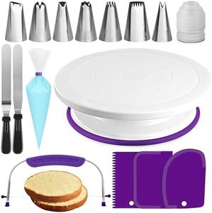 RFAQK 35PCs Cake Turntable and Leveler-Rotating Cake Stand with Non Slip pad-7 Icing Tips and 20 Bags- Straight & Offset Spatula-3 Scraper Set -EBook-Cake Decorating Supplies Kit -Baking Tools