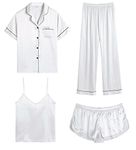 SWOMOG 4pcs Pyjama Set for Women Silk Satin Pyjamas White Satin Pjs Soft and Comfy Loungewear Set