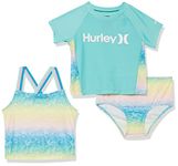 Hurley Girls' Short Sleeve Rash Guard and Swim Suit 3-Piece Set, Aurora Green, 24 Months