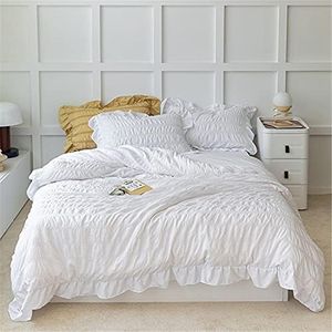 SOUKECHY White Ruffled Bedding-3 Pieces Queen Seersucker Duvet Cover Textured Stripe Style, Soft Lightweight, Washed Microfiber, Zipper Closure and Ties