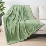 PAVILIA Fleece Throw Blanket for Couch with Pom Pom Fringe, Sage Light Green, Soft Cozy Fuzzy Flannel Blanket for Sofa Bed, Lightweight Plush All Season Throw, 50x60 Inches