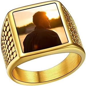 U7 Women Men 18K Gold Plated Custom Memory Picture Signet Ring Custom Name Engraved Stainless Steel Engagement Promise Ring, Gift for Father Husband, Size 12