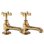 Basin Pillar Taps Pair Polished Gold Basin Sink Hot and Cold Taps Cross Lever Twin Bathroom Taps Victorian Traditional Faucet Vintage Victorian Peppermint