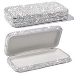 JSCARLIFE Bling Crystal Eyeglasses, Shiny Glasses Case Rhinestone Hard Shell Protective Large Eyeglass Case, Silver, Medium