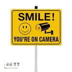 Faittoo Smile Your On Camera Signs with 36" Stake for Outside, 14"x10" Rust Free Heavy Aluminum, Reflective, Fade Resistant, 2 pre-drilled holes, Includes Matching Screws & Wrench, Easy to Mount