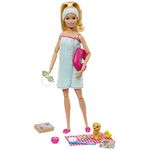 Barbie Spa Doll & Playet with Puppy & 9 Accessories Including Rubber Duck & Cucumber Eye Masks, Blonde Fashion Doll in Wrap Towel